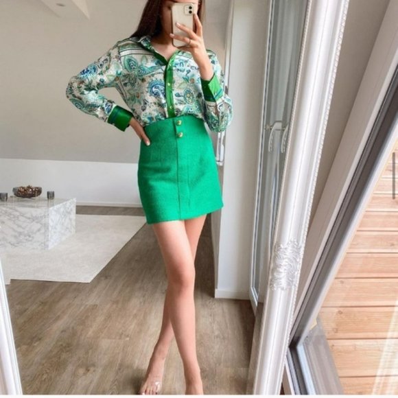 NWT ZARA 2 PIECE TEXTURED BLAZER + SKIRT APPLE GREEN - Picture 6 of 8